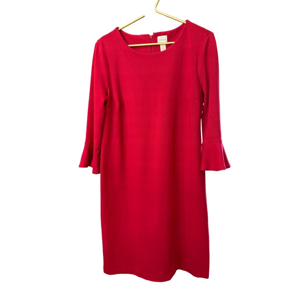 ✨ CHICO’S Red Ponte Bell Sleeve Sheath Dress 1 M Stretch LRD ❤️ - Picture 2 of 9